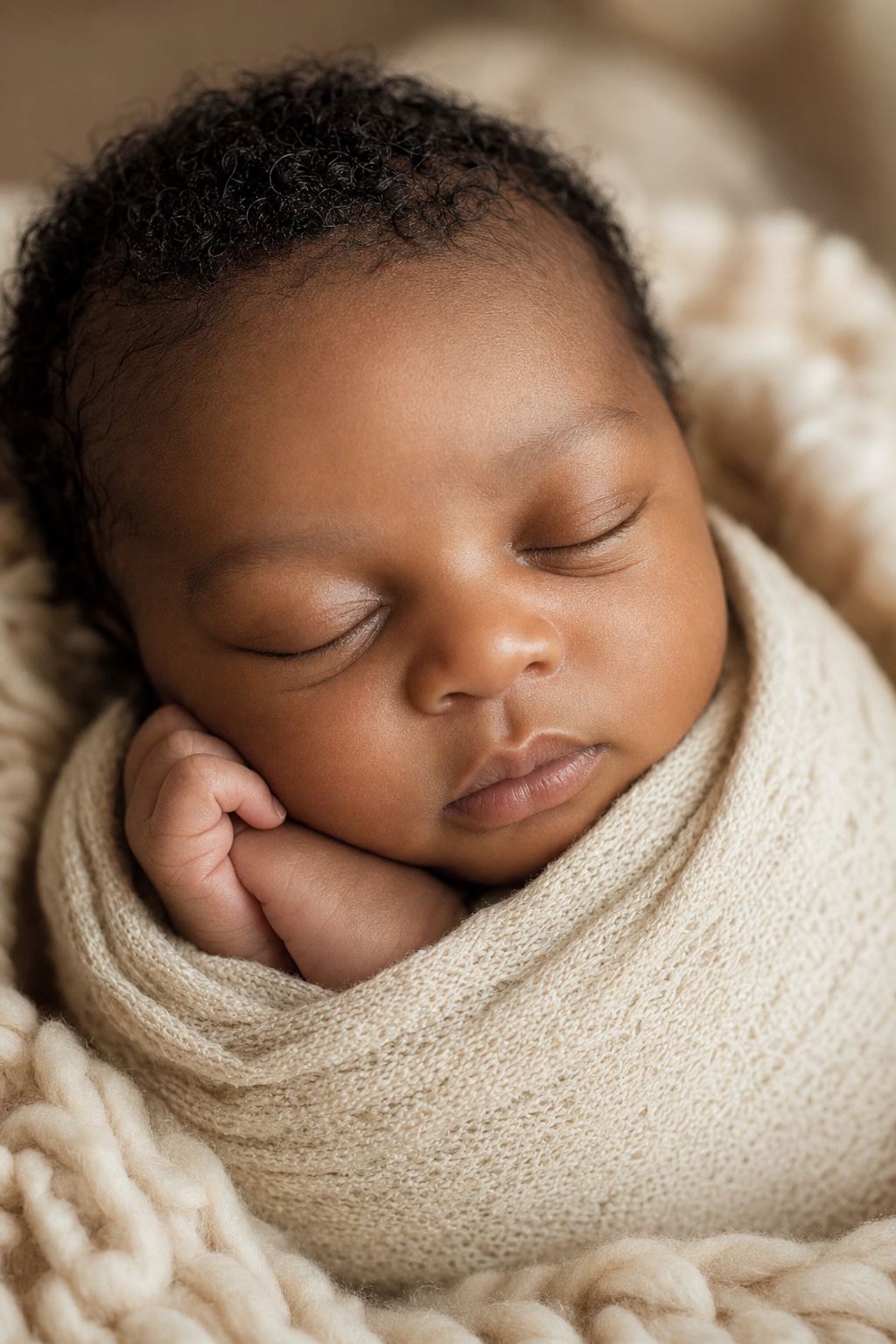 Close-up newborn photography portrait of a sleeping African American baby swaddled in a cream wrap by Big Rich Visuals
