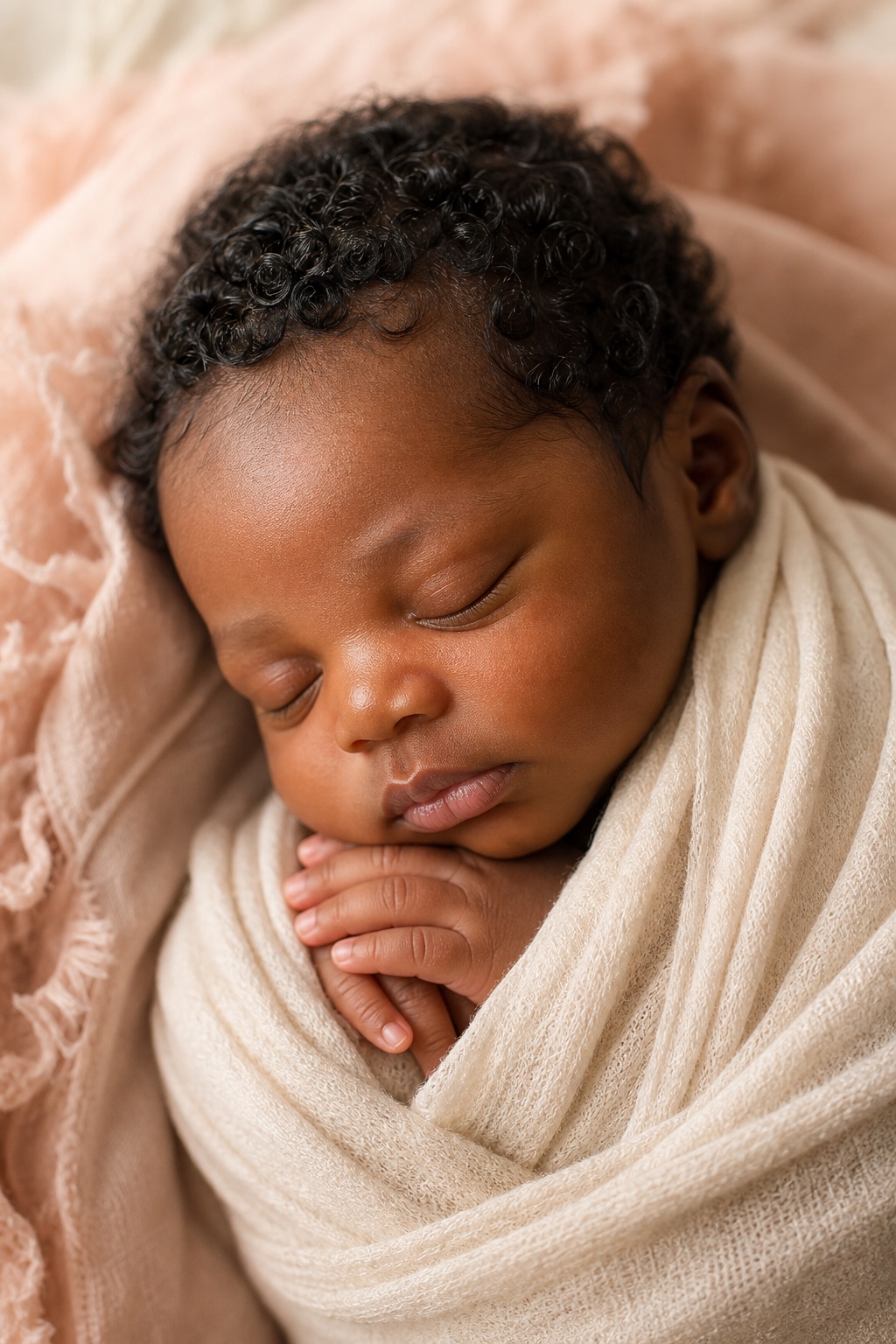 Close-up newborn photography portrait of a sleeping African American baby with hands tucked into a cream wrap by Big Rich Visuals