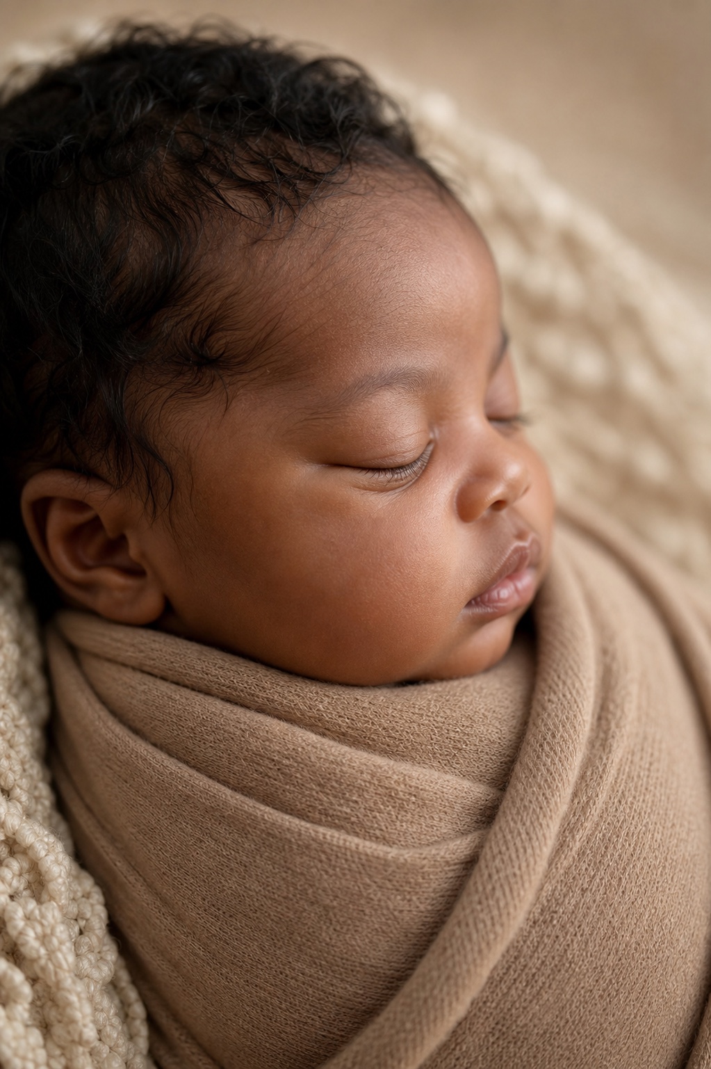 Close-up profile newborn photography portrait of a sleeping African American baby in a tan wrap by Big Rich Visuals