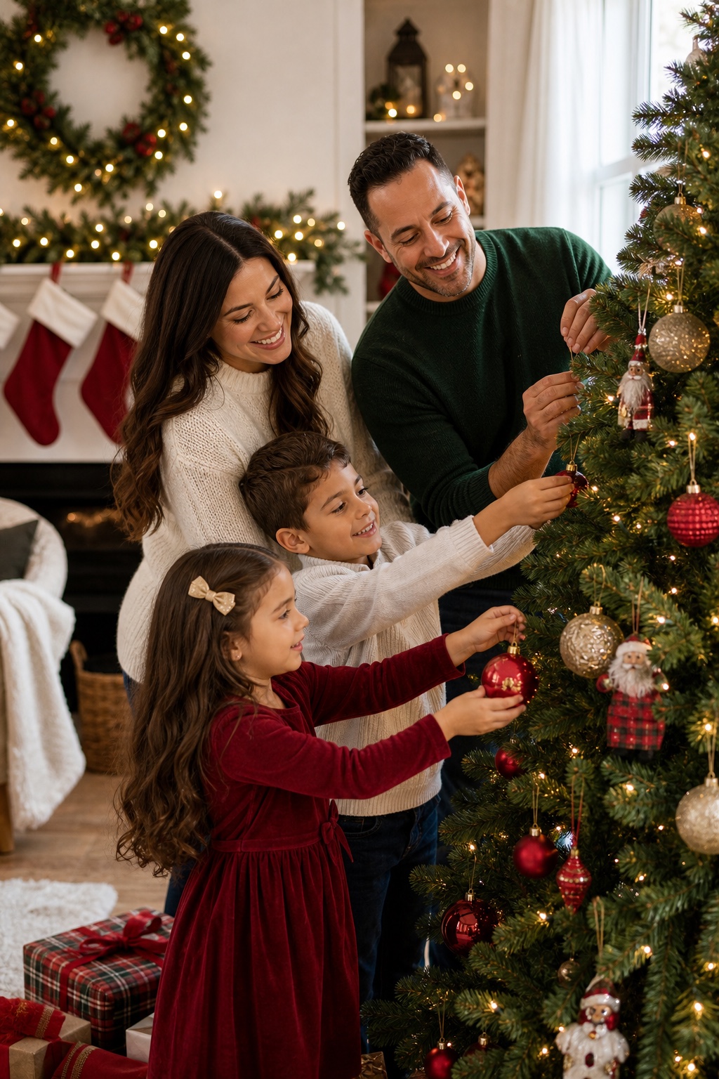 Lifestyle Christmas family photo of fully clothed parents and children decorating a tree at home by Big Rich Visuals