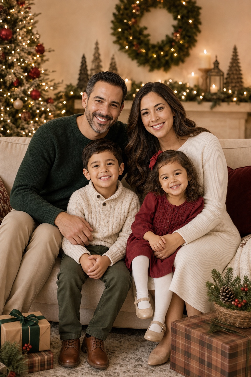Christmas family studio portrait with fully clothed parents and children seated near a decorated tree by Big Rich Visuals