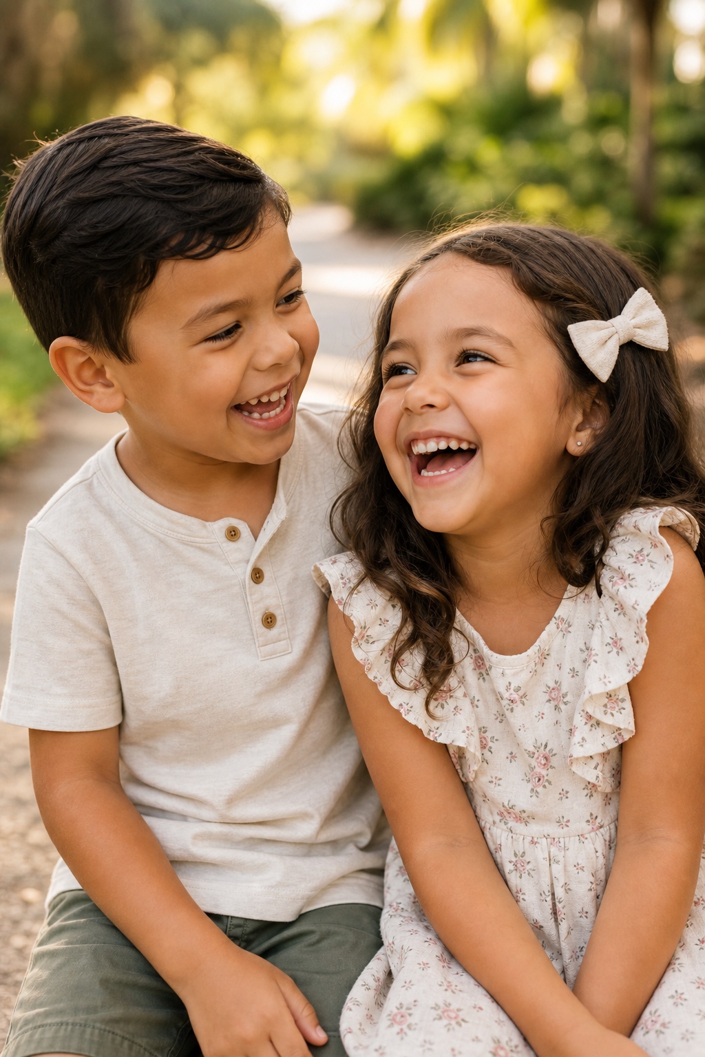 Outdoor children's portrait of two fully clothed small kids laughing together in warm park light by Big Rich Visuals