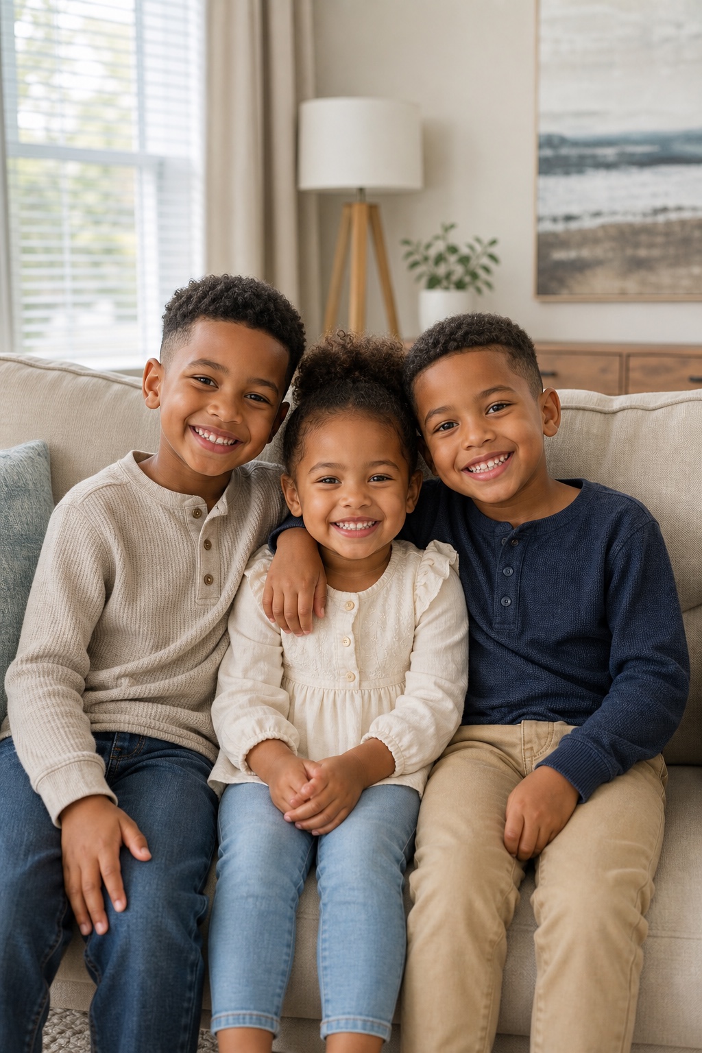 Lifestyle portrait of three fully clothed small children smiling together on a family room couch by Big Rich Visuals