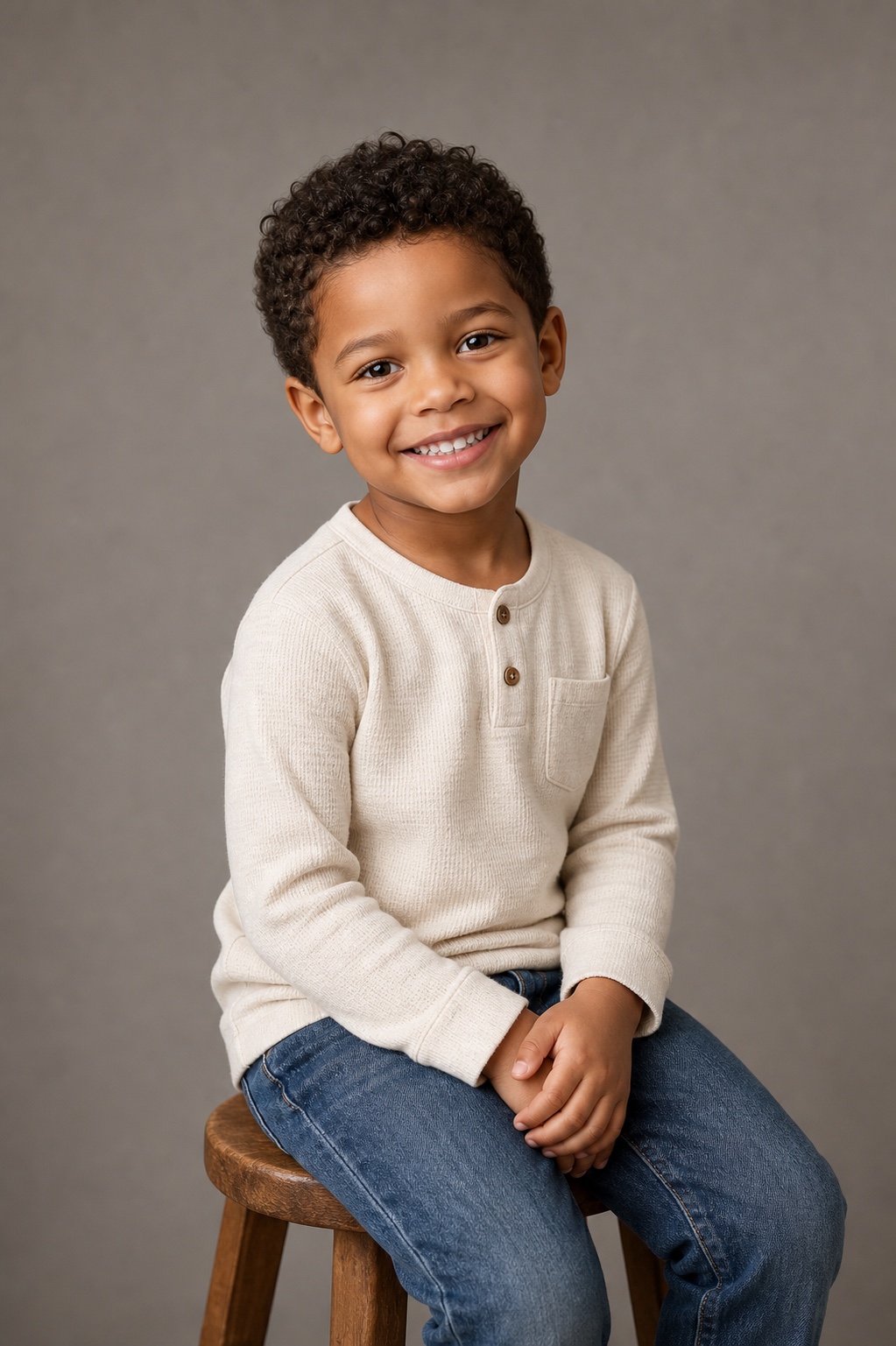 Studio milestone portrait of a fully clothed small child seated on a wooden stool by Big Rich Visuals